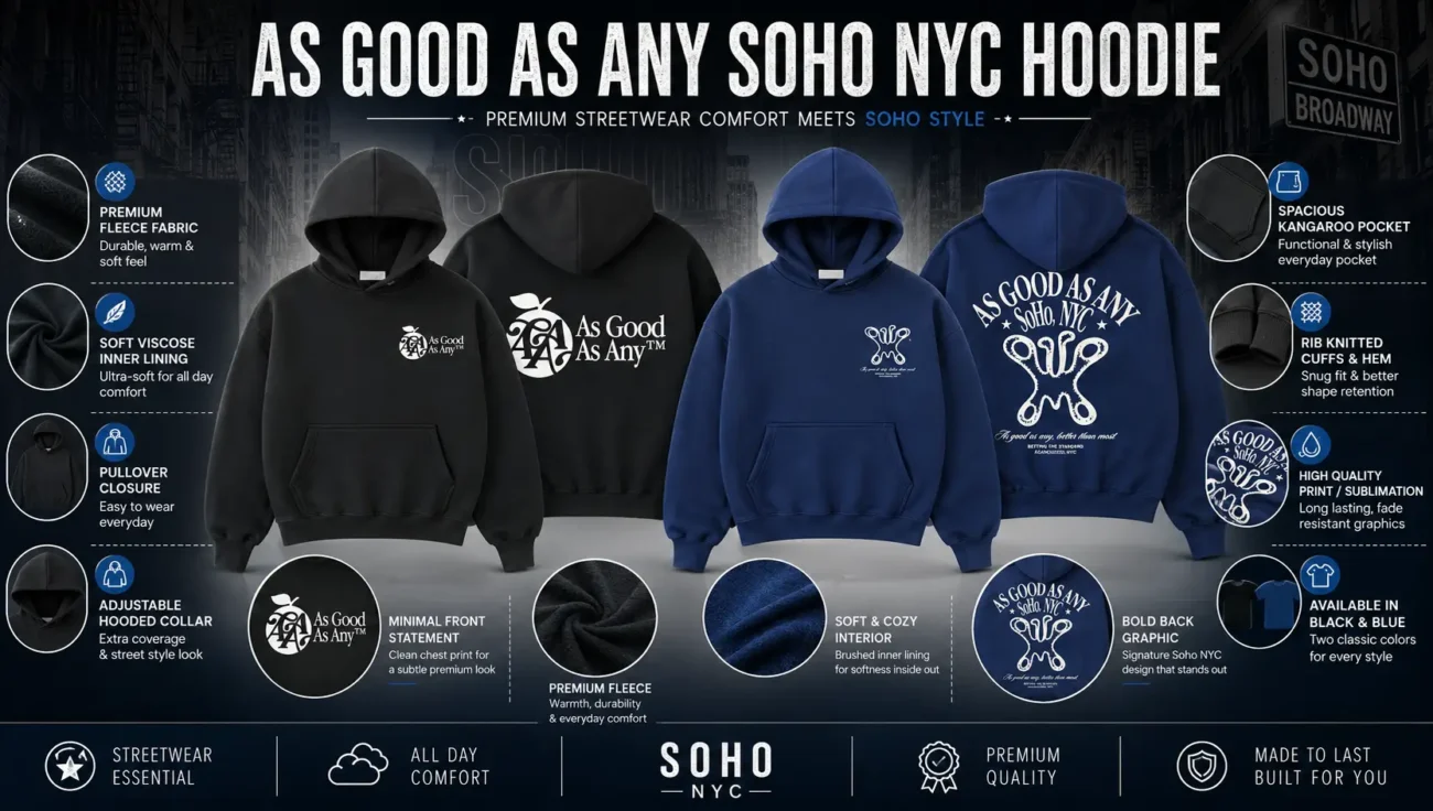 As Good As Any Soho NYC Hoodie infographic showing black and blue fleece pullover hoodies with fleece lining and graphics