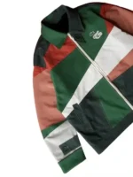 Mauro Garfias x Lacoste Mexico World Cup 2026 jacket angled view showing green white red clay colour block panels Croc logo and mesh cuff insert detail