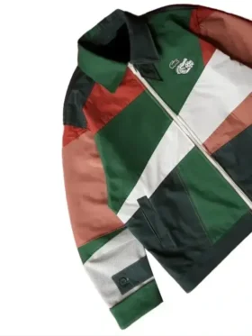 Mauro Garfias x Lacoste Mexico World Cup 2026 jacket angled view showing green white red clay colour block panels Croc logo and mesh cuff insert detail