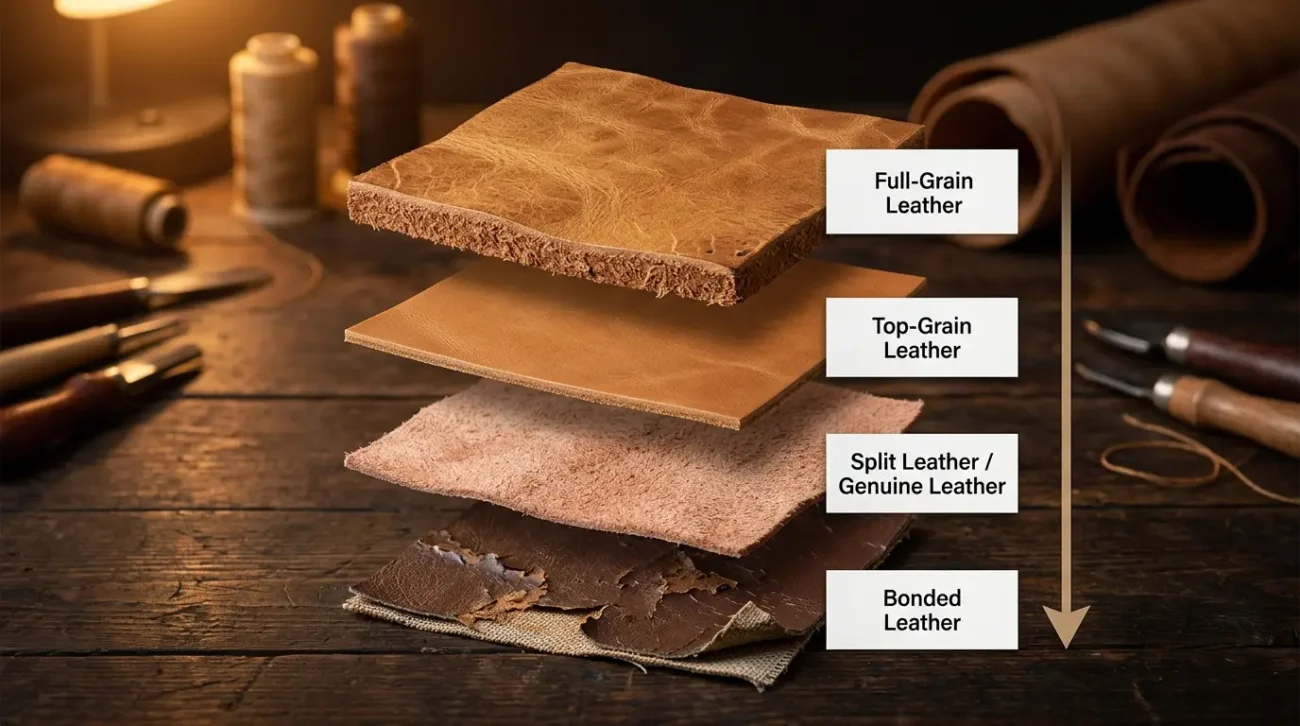 Leather grading hierarchy showing full-grain leather, top-grain leather, split leather, and bonded leather samples from highest to lowest quality on a dark workshop surface