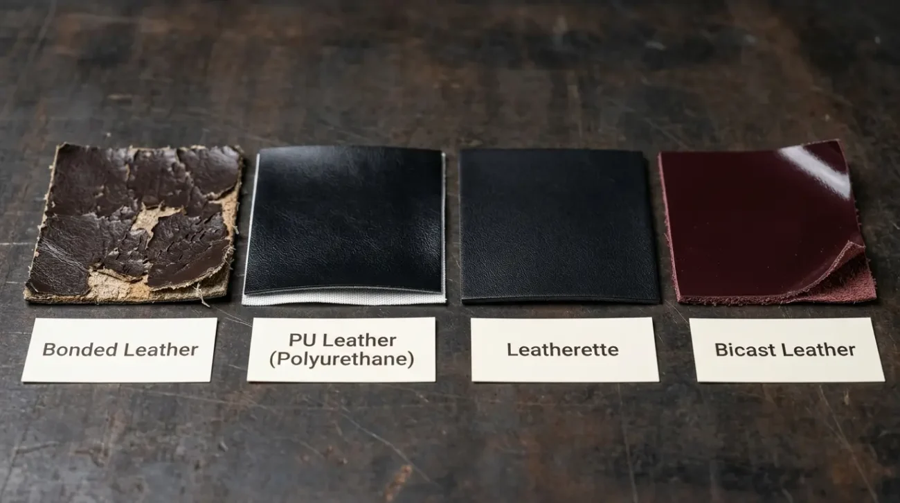 Side by side comparison of bonded leather, PU leather, leatherette, and bicast leather samples showing surface texture, consistency, and structural differences between synthetic leather alternatives