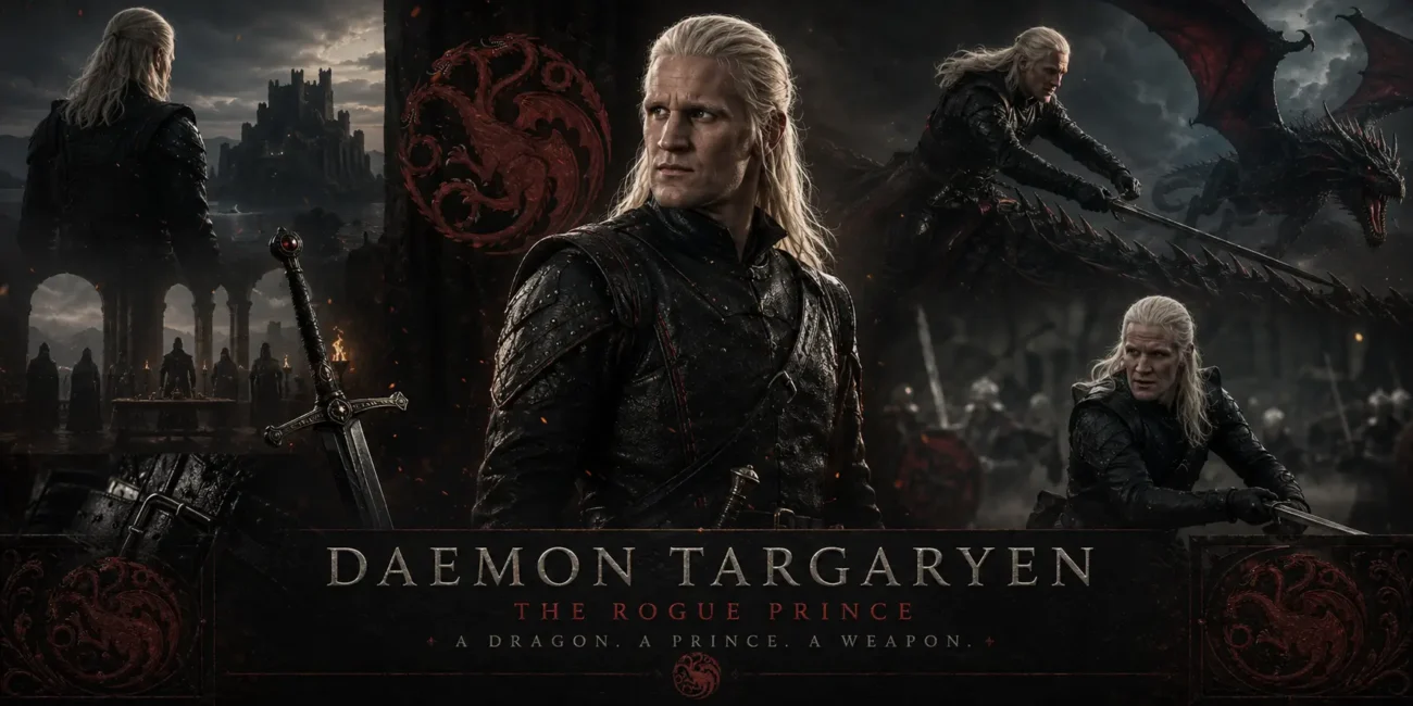 Daemon Targaryen wearing dark leather combat armor and Rogue Prince battle attire in House of the Dragon Season 3 during the Targaryen civil war.