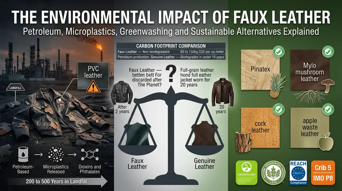 Environmental impact of faux leather showing petroleum production and landfill on the left and sustainable Pinatex and Mylo alternatives on the right
