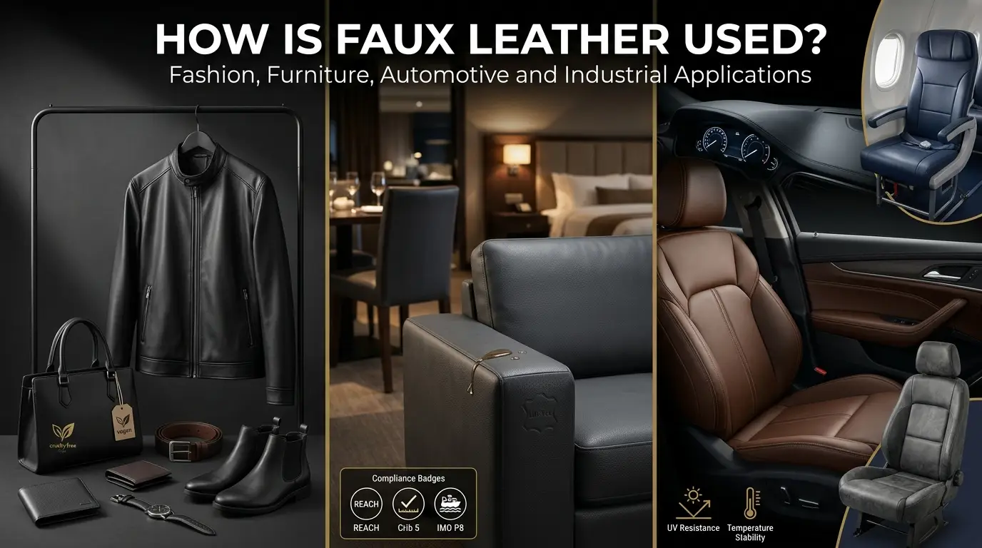 Three uses of faux leather showing a fashion jacket and accessories, a commercial upholstery sofa, and a premium car interior at TV Jackets