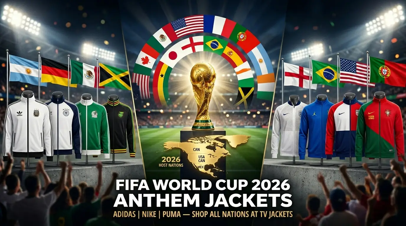 FIFA World Cup 2026 anthem jackets from Adidas, Nike and PUMA for all nations including Argentina, Germany, England, Brazil and USA at TV Jackets