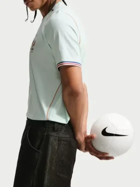 Side profile of the France National Team 2026 Stadium Away Soccer Jersey showing sleeve trim and lightweight polyester fabric.