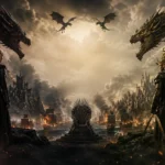 House of the Dragon Season 3 Team Black and Team Green facing off with dragons Syrax and Vhagar over the Iron Throne at TVJackets
