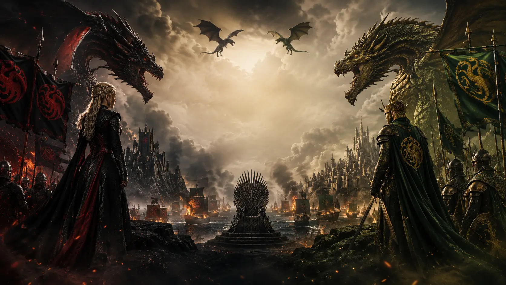 House of the Dragon Season 3 Team Black and Team Green facing off with dragons Syrax and Vhagar over the Iron Throne at TVJackets