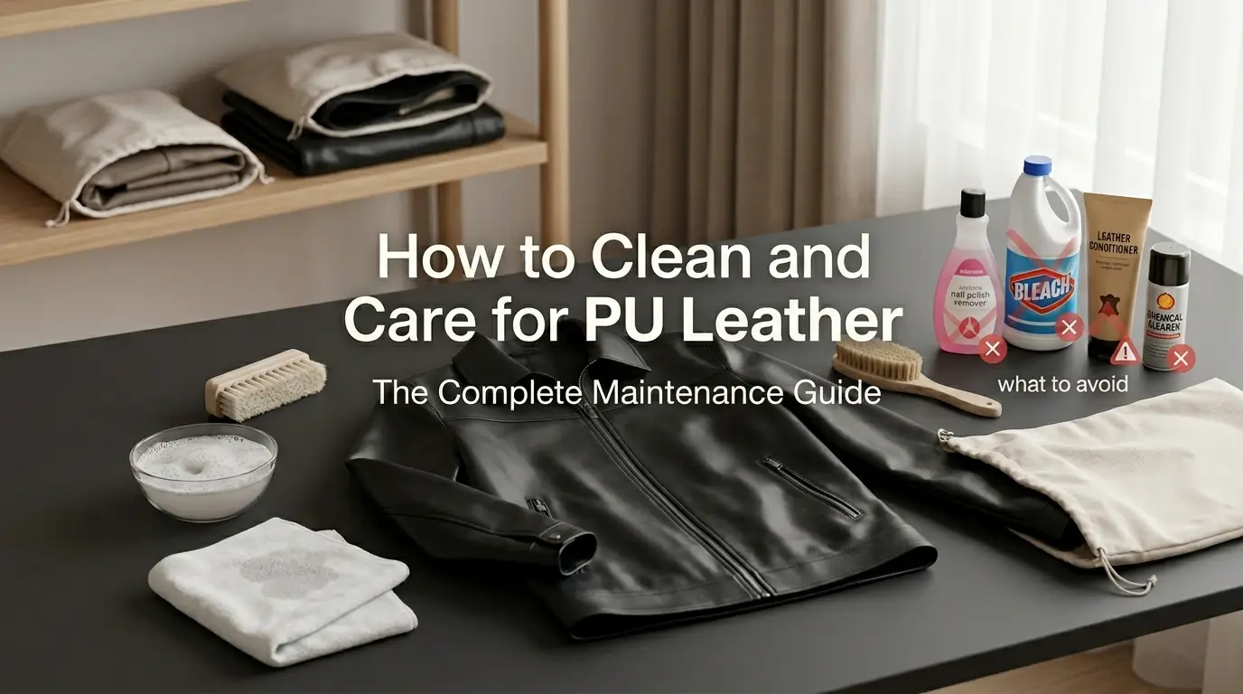 Flat lay of PU leather jacket with cleaning tools including damp cloth and mild soap showing how to clean and care for PU leather