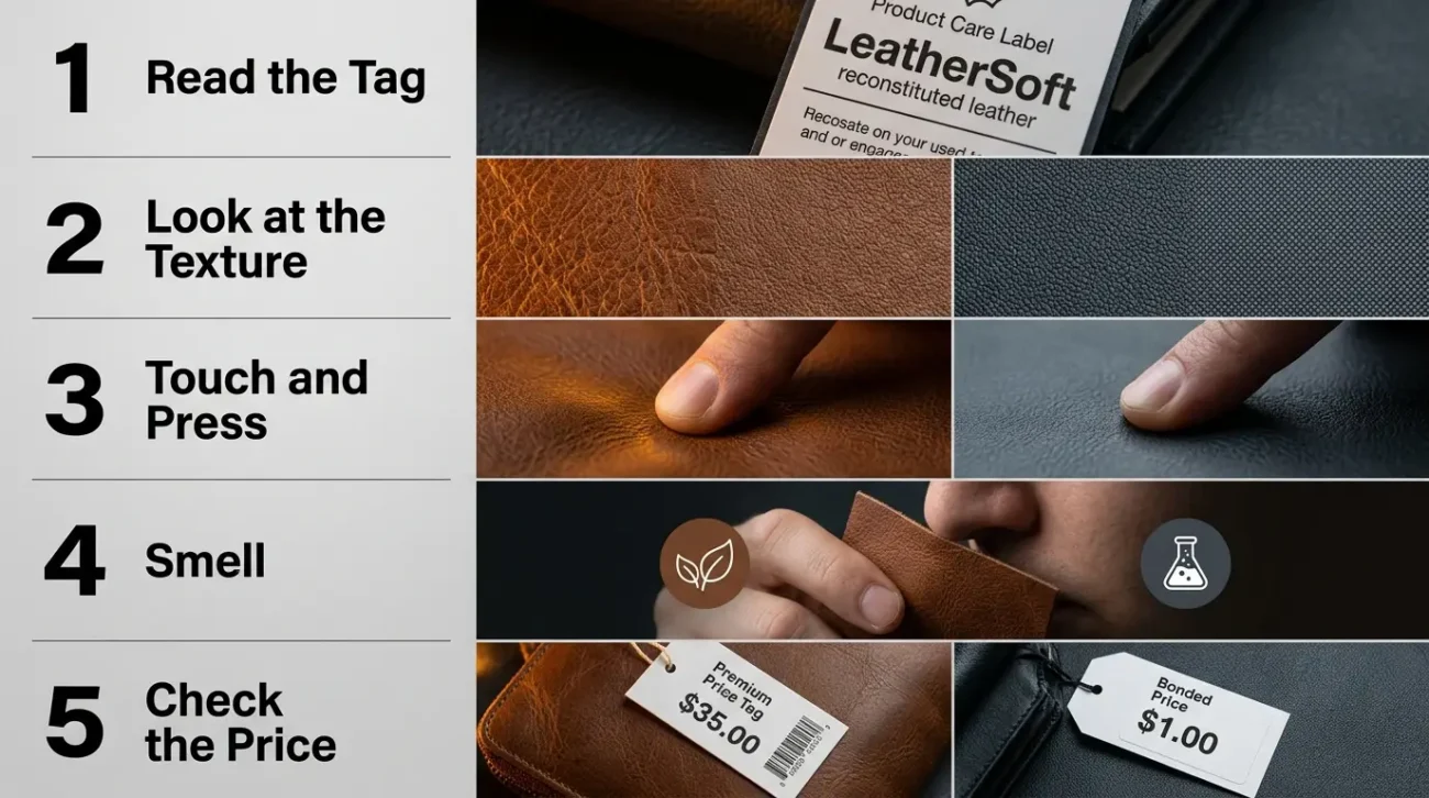 Five methods to identify bonded leather including reading the tag, checking surface texture, pressing the surface, smelling for chemical odor, and checking the price before purchasing