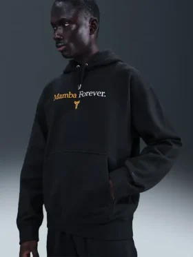Kobe Bryant Mamba Forever Hoodie front close up black fleece with University Gold Mamba Forever text and Kobe Sheath logo on chest