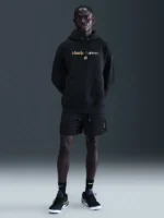 Kobe Bryant Mamba Forever Hoodie full body front view black premium fleece with University Gold Mamba Forever chest graphic and kangaroo pocket