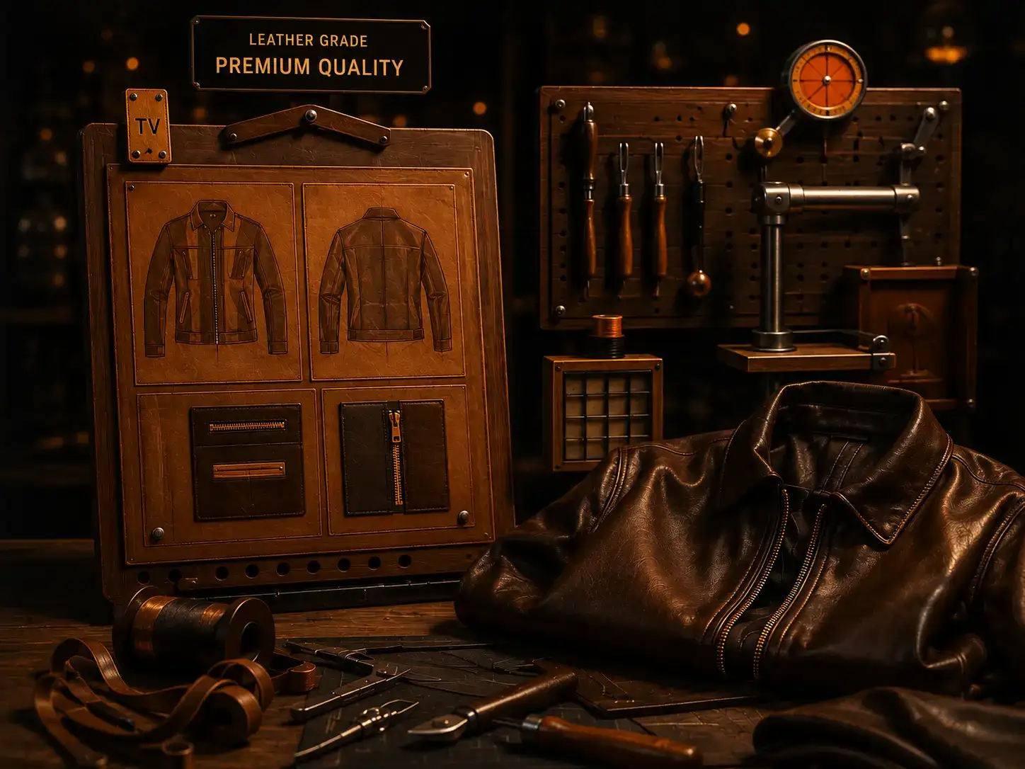 Premium leather jacket being handcrafted in TV Jackets workshop