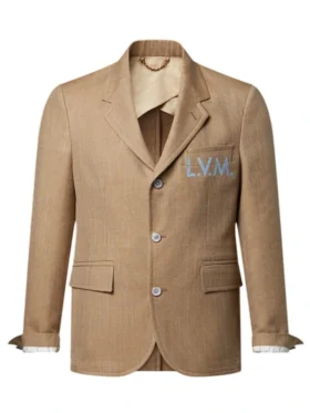 Front view of a premium tan wool-silk blend blazer featuring an embroidered blue LVM signature logo on the chest pocket, three-button closure, and notched lapels.