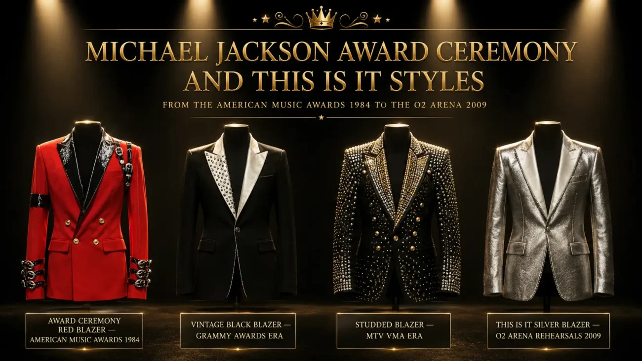 Michael Jackson award ceremony jackets showing red blazer American Music Awards 1984, vintage black blazer Grammy era, studded blazer MTV VMA era and This Is It silver blazer O2 Arena 2009