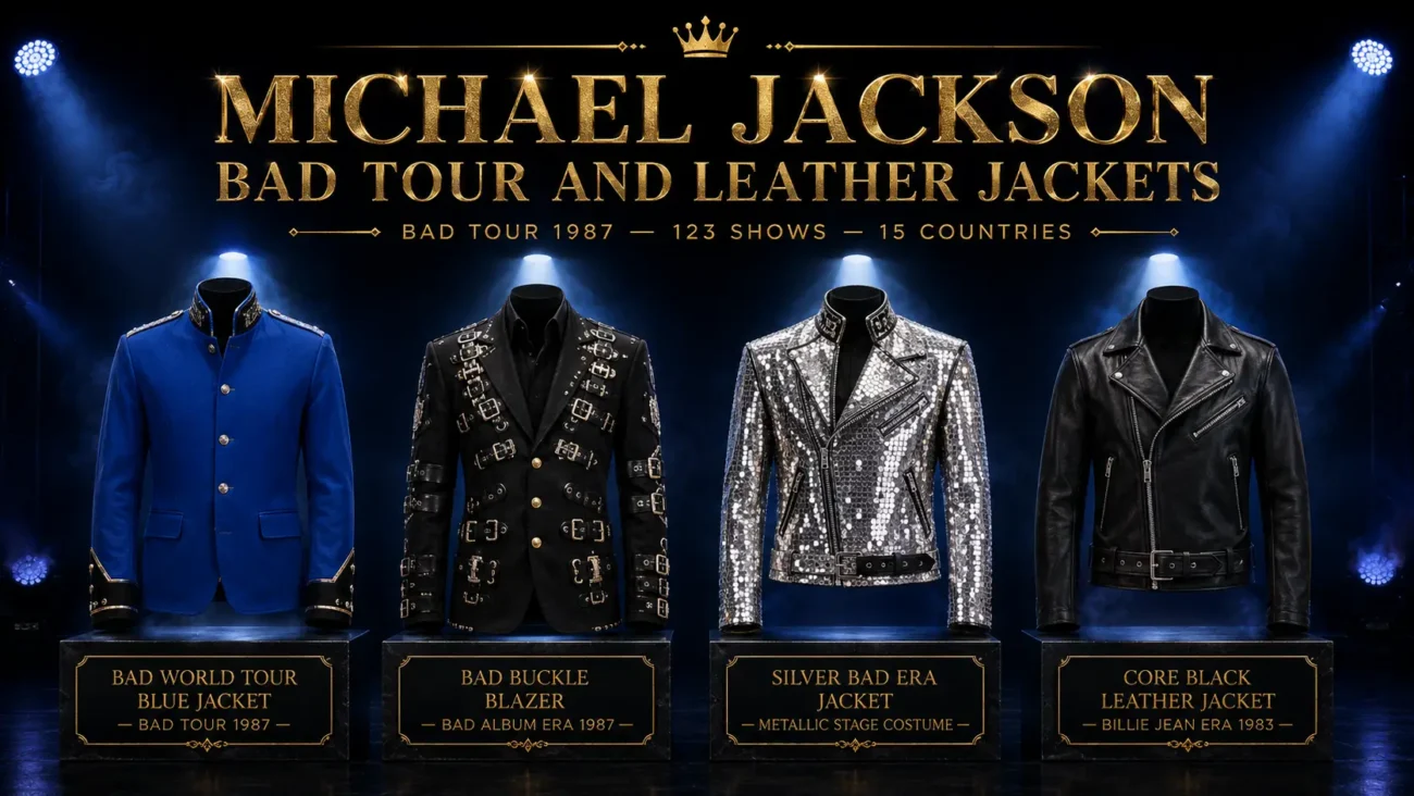Michael Jackson Bad Tour jacket collection showing Bad World Tour blue jacket 1987, Bad Buckle Blazer, silver Bad era metallic jacket and core black leather Billie Jean jacket 1983