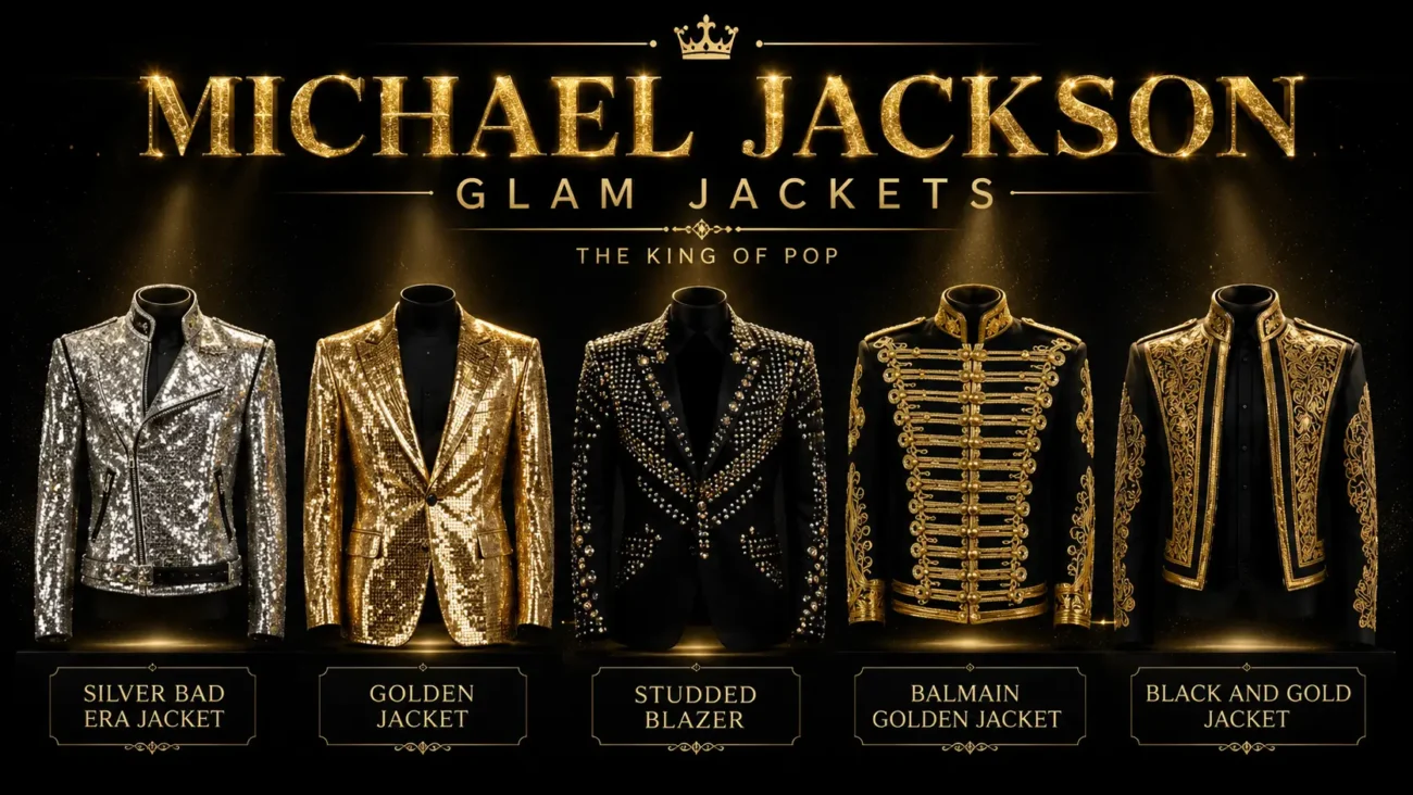 Michael Jackson glam jackets collection showing silver Bad era jacket, golden jacket, studded blazer, Balmain golden jacket and black and gold jacket