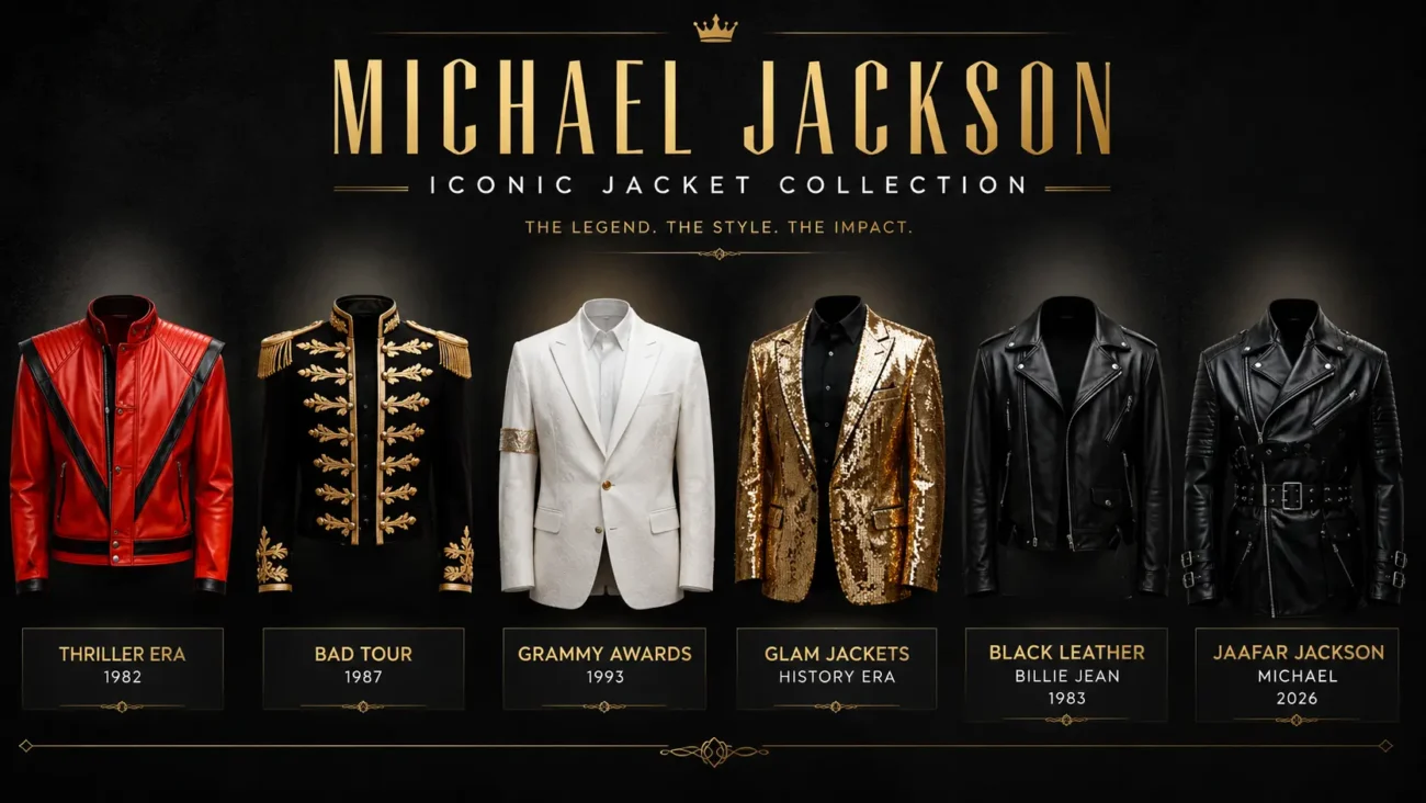 Michael Jackson iconic jacket collection showing six eras -- Thriller 1982, Bad Tour 1987, Grammy Awards 1993, glam jackets HiStory era, black leather Billie Jean 1983 and Jaafar Jackson Michael 2026