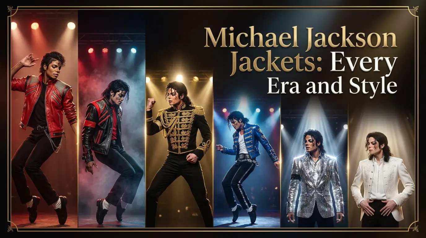 Michael Jackson jackets every era Beat It red leather, Bad Tour military coat, blue jacket, silver blazer and white jacket tribute collection at TV Jackets