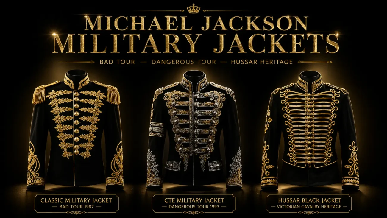 Michael Jackson military jackets showing classic Bad Tour 1987 military coat, CTE Dangerous Tour 1993 jacket and Hussar black jacket with Victorian cavalry heritage