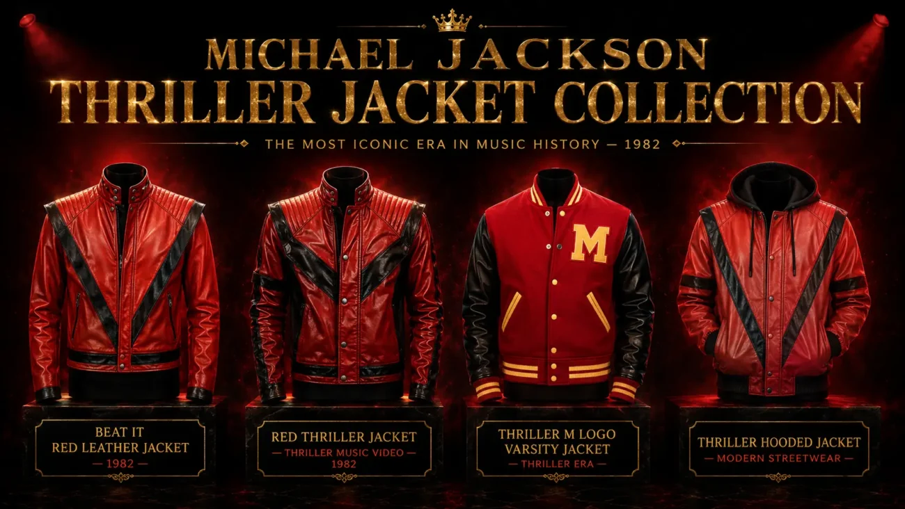 Michael Jackson Thriller jacket collection showing Beat It red leather jacket 1982, Red Thriller music video jacket, Thriller M logo varsity jacket and Thriller hooded jacket