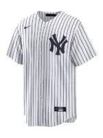 New York Yankees white pinstripe baseball jersey front view with NY logo and button closure