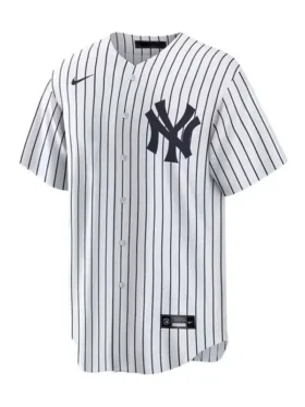 New York Yankees white pinstripe baseball jersey front view with NY logo and button closure