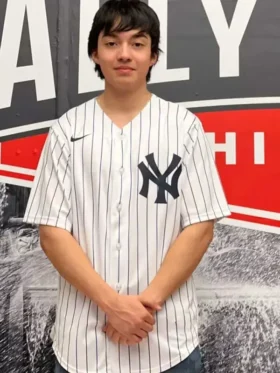 New York Yankees white pinstripe baseball jersey with NY logo worn lifestyle view