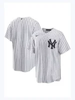 New York Yankees white pinstripe baseball jersey front and back view showing full design
