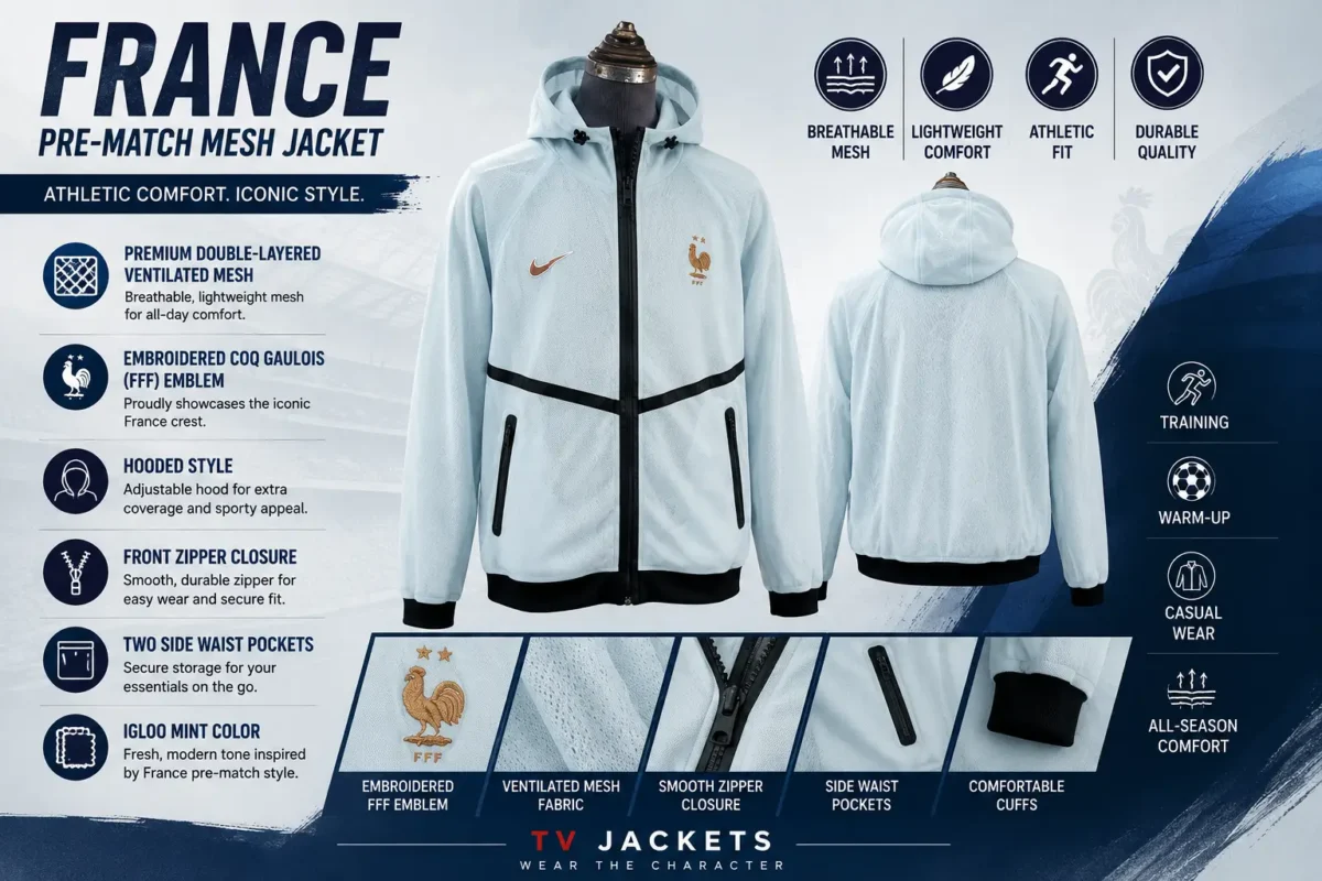 France pre-match mesh jacket infographic showing FFF crest, ventilated mesh, hooded style and zipper closure at TVJackets