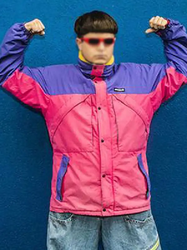 Oliver Tree All That x Alien Boy Pink and Purple Jacket Oliver Tree wearing the All That x Alien Boy pink and purple jacket against a blue background