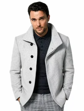 Owain Yeoman Extant wool white coat front three quarter view showing lapel collar and button fastening