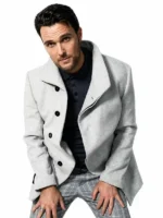 Owain Yeoman Extant white wool coat front view with wide lapel collar and tailored Dr. Mason silhouette