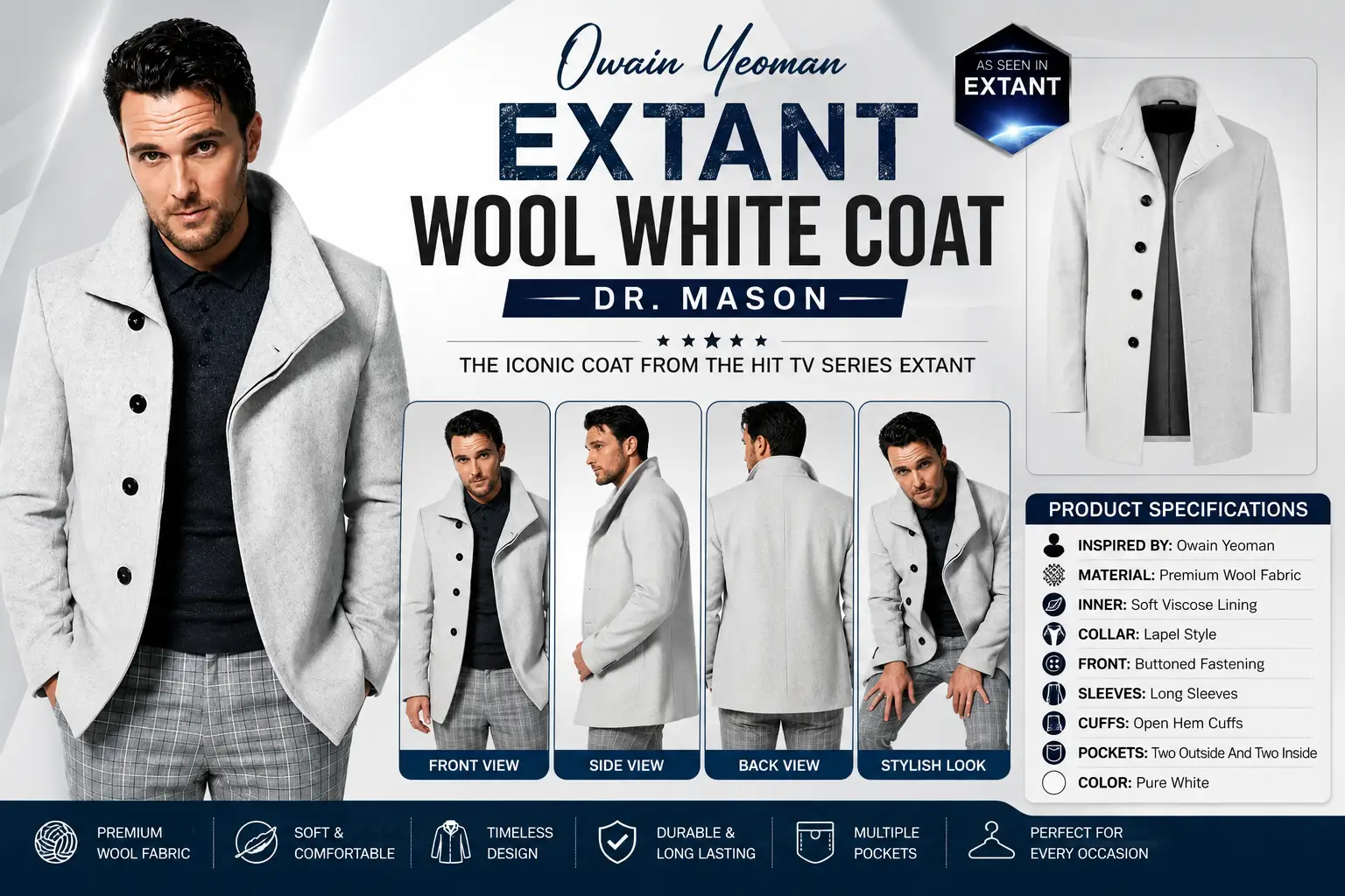 Owain Yeoman Extant wool white coat Dr Mason infographic showing front side back views and product specifications