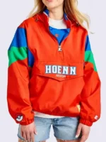 A premium standalone profile presentation of the bright orange Pokemon Hoenn Starter Jacket.