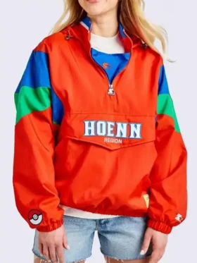 A premium standalone profile presentation of the bright orange Pokemon Hoenn Starter Jacket.