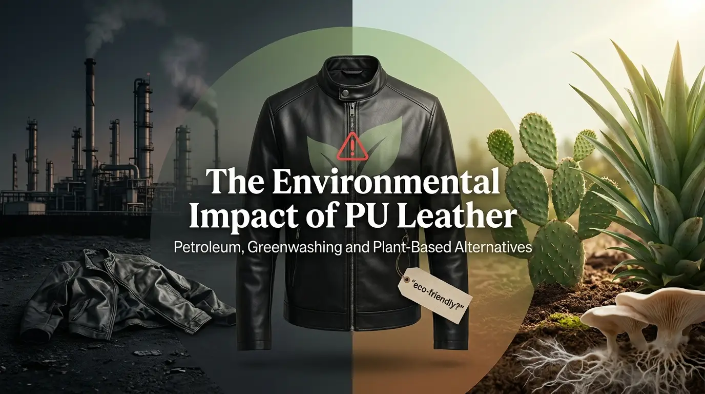 Environmental impact of PU leather showing petroleum production on the left and plant-based leather alternatives including cactus and pineapple on the right