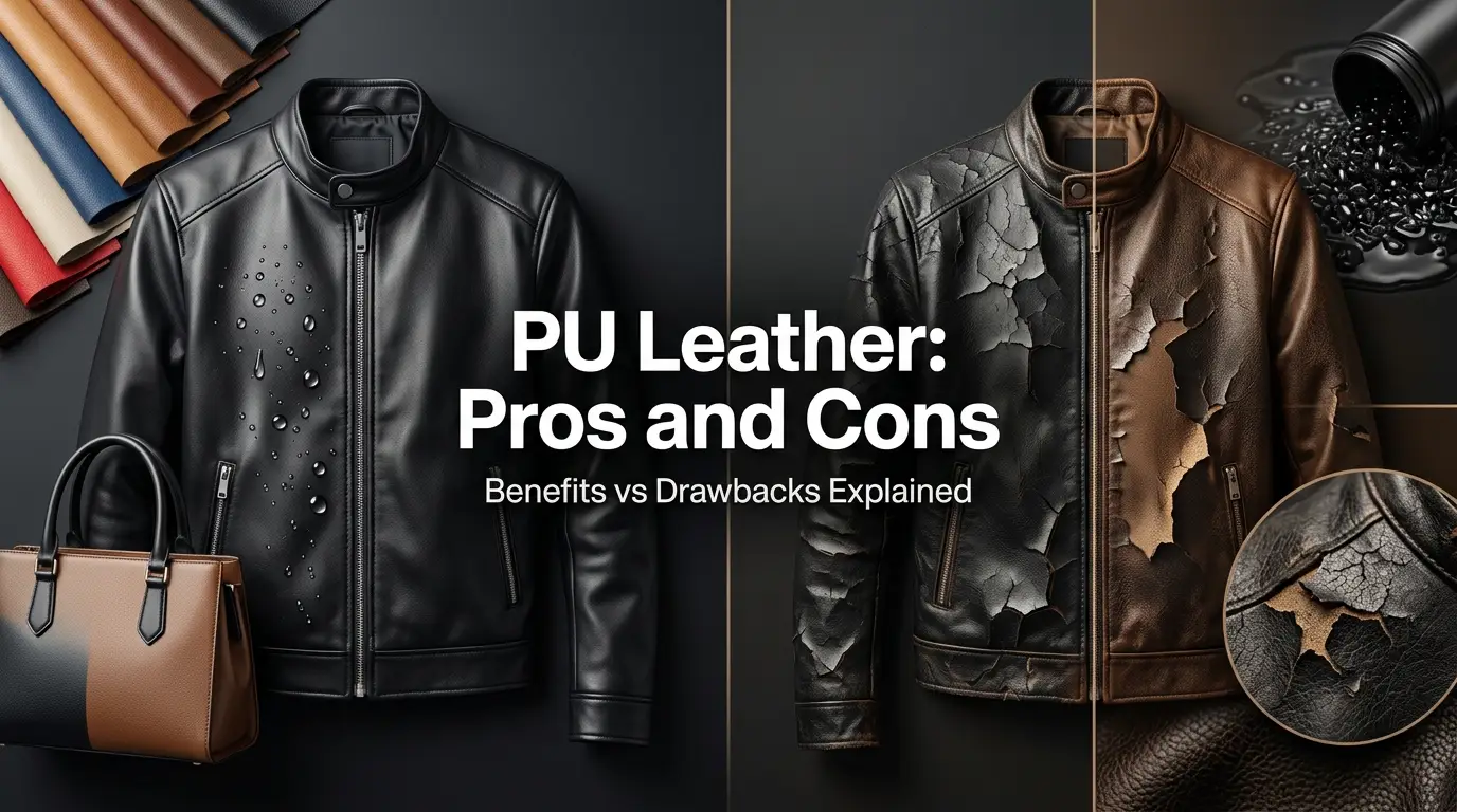 Split image showing the benefits and drawbacks of PU leather including a pristine jacket on the left and cracking leather on the right