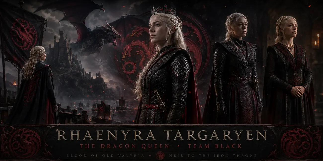 Rhaenyra Targaryen Season 3 outfit showing black scale-work armor with crimson accents and Targaryen dragon sigil from House of the Dragon at TVJackets