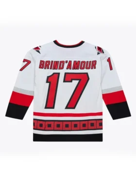 Back view of the Rod Brind'Amour Carolina Hurricanes 2006 White Jersey featuring Brind'Amour name and number 17 in stitched twill.