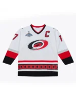 Rod Brind'Amour Carolina Hurricanes 2006 White Jersey featuring the embroidered Stanley Cup Finals patch, captain C patch, and layered twill team logo.