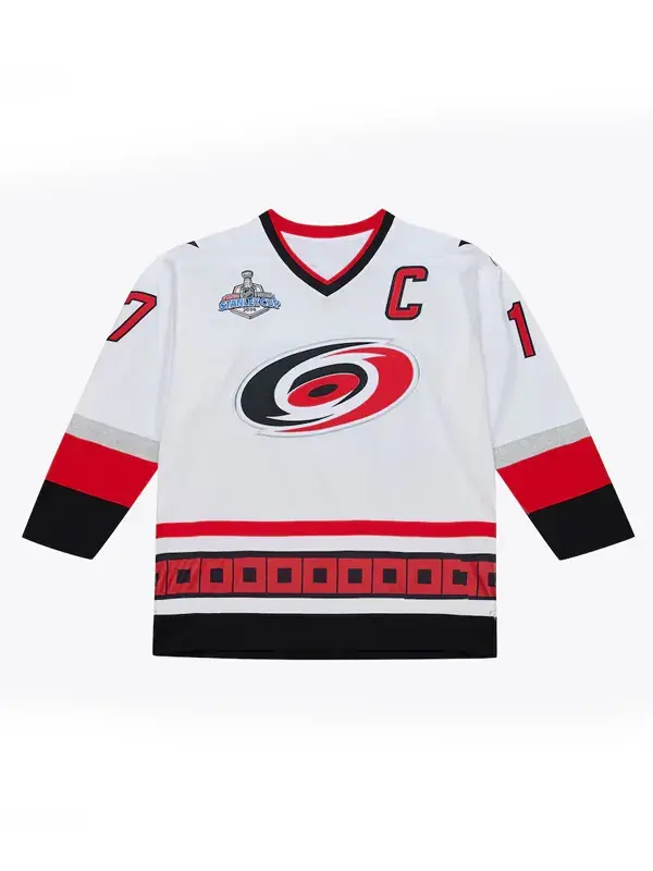 Rod Brind'Amour Carolina Hurricanes 2006 White Jersey Front View Rod Brind'Amour Carolina Hurricanes 2006 White Jersey featuring the embroidered Stanley Cup Finals patch, captain C patch, and layered twill team logo.