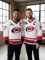 Male models wearing the Rod Brind'Amour Carolina Hurricanes 2006 White Jersey with authentic-inspired stitched details and Stanley Cup Finals patch.