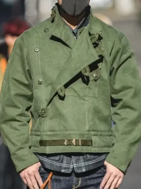 Swedish military motorcycle jacket military green worn showing asymmetric double-breasted front panel belt strap closure and waist buckle