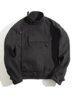 Men's vintage Swedish military motorcycle jacket black cotton asymmetric front map pocket ban collar and waist belt buckle