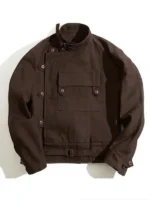 Men's vintage Swedish military motorcycle jacket brown cotton asymmetric front map pocket ban collar brass buttons and waist belt