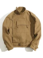 Men's vintage Swedish military motorcycle jacket khaki cotton asymmetric front map pocket ban collar brass buttons waist belt