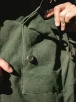 Close-up Swedish military motorcycle jacket map pocket and asymmetric front panel military green cotton stitching and button detail