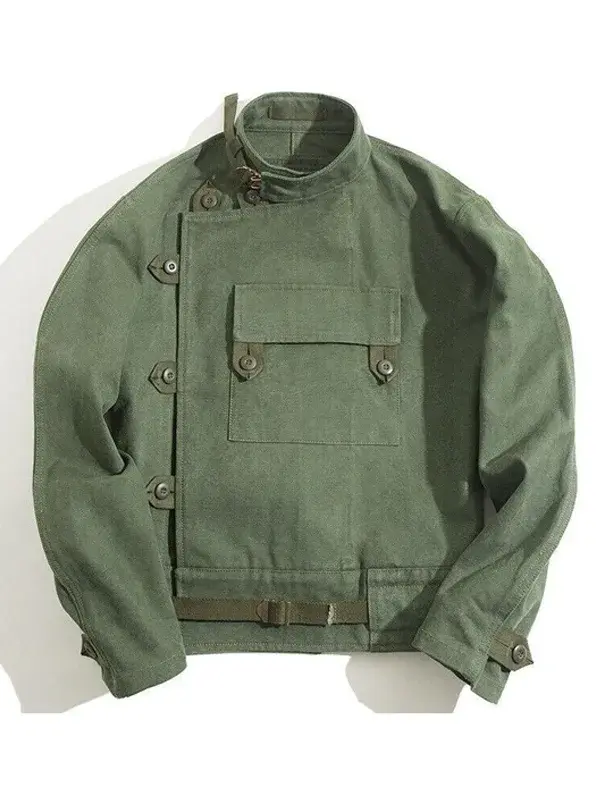 Men's vintage Swedish military motorcycle jacket military green cotton Ordonnansjacka asymmetric front map pocket ban collar and waist belt