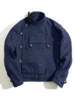 Men's vintage Swedish military motorcycle jacket navy blue cotton asymmetric front map pocket ban collar brass buttons waist belt